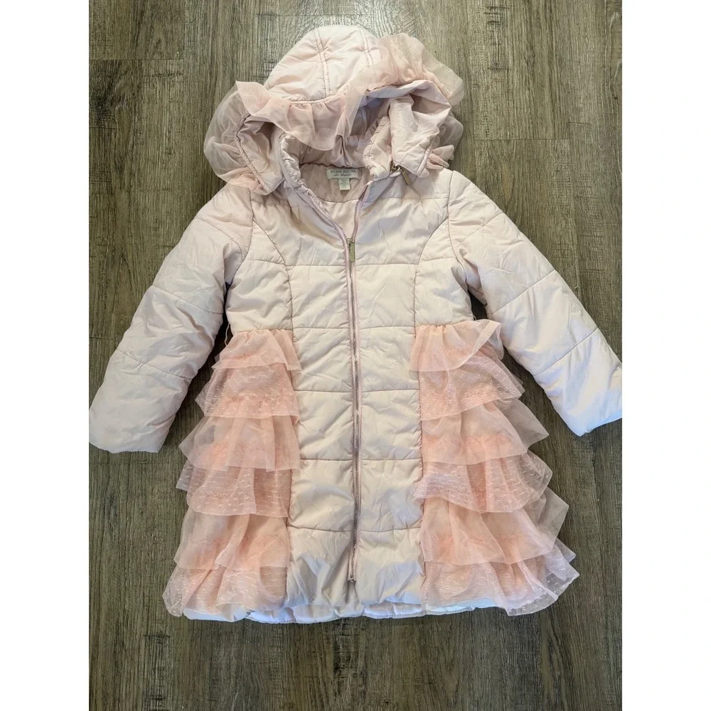 Richie House Girls Pink Puffer Jacket‎ Tulle Ruffle Hooded Winter Coat Size 7/8